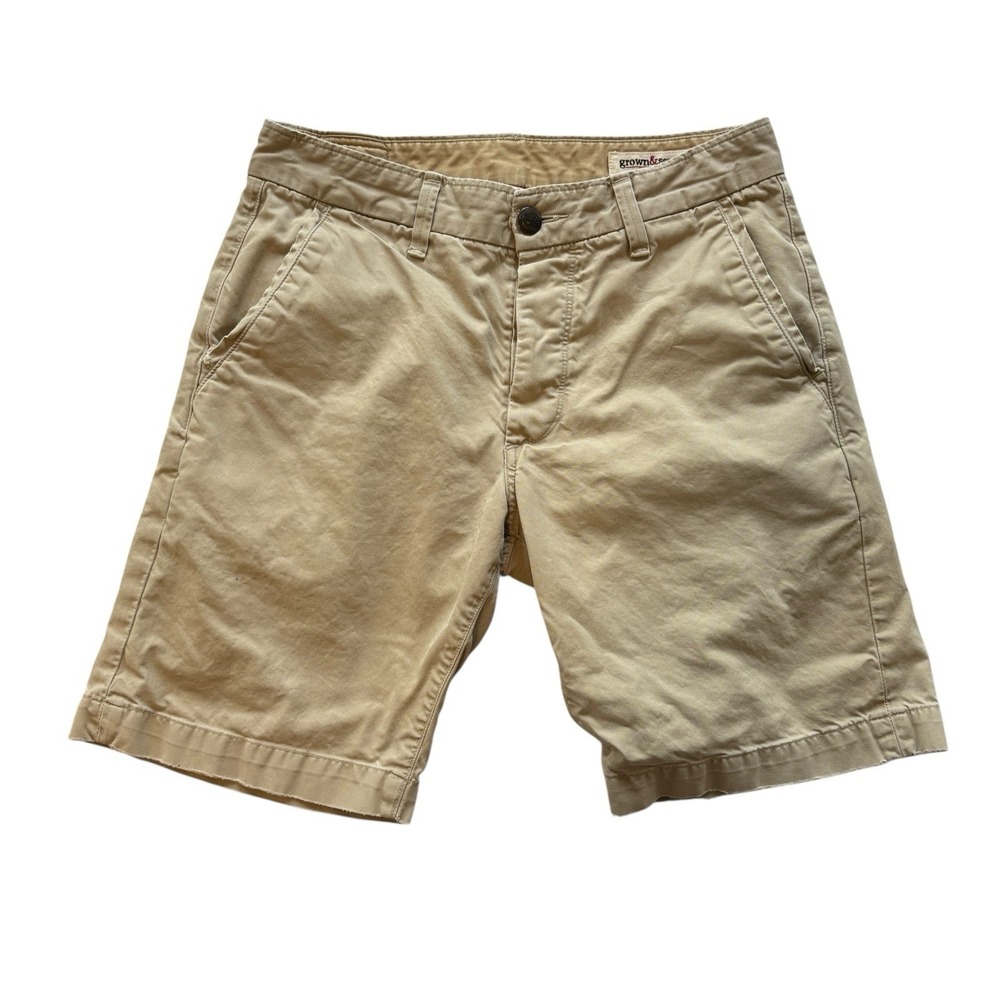 Grown and Sewn Khaki Flat Front Shorts‎ Mens 30 Beige 9" Button Fly Made In USA